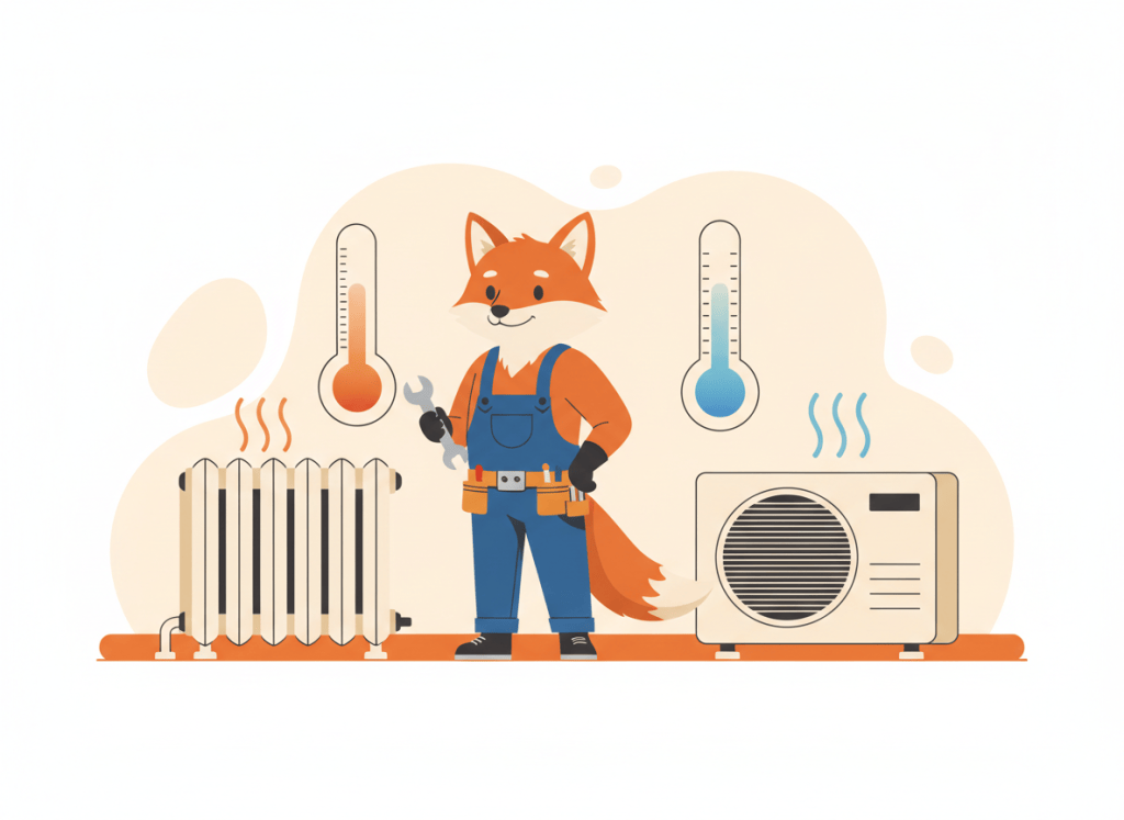 Zorro naranja manitas con un radiador, un aire acondicionado y un termómetro en casa