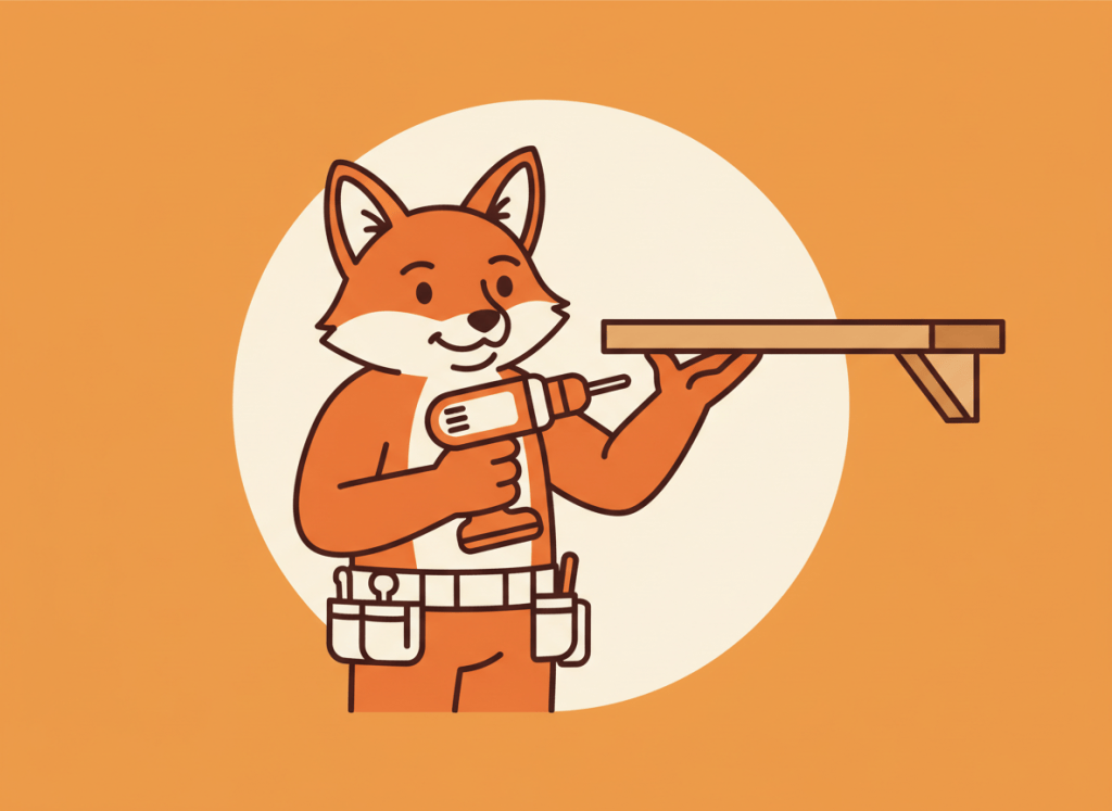 Zorro naranja manitas con un taladro junto a una estantería de madera, ilustración plana