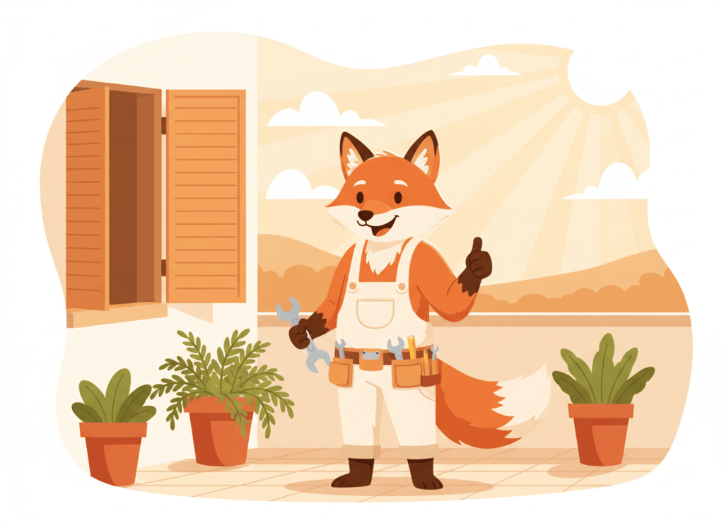 Zorro naranja manitas arreglando una persiana en una terraza soleada con plantas