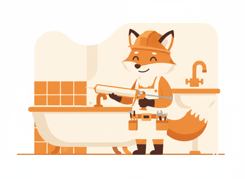 Zorro manitas naranja con una pistola de silicona junto a una bañera y un grifo de cocina