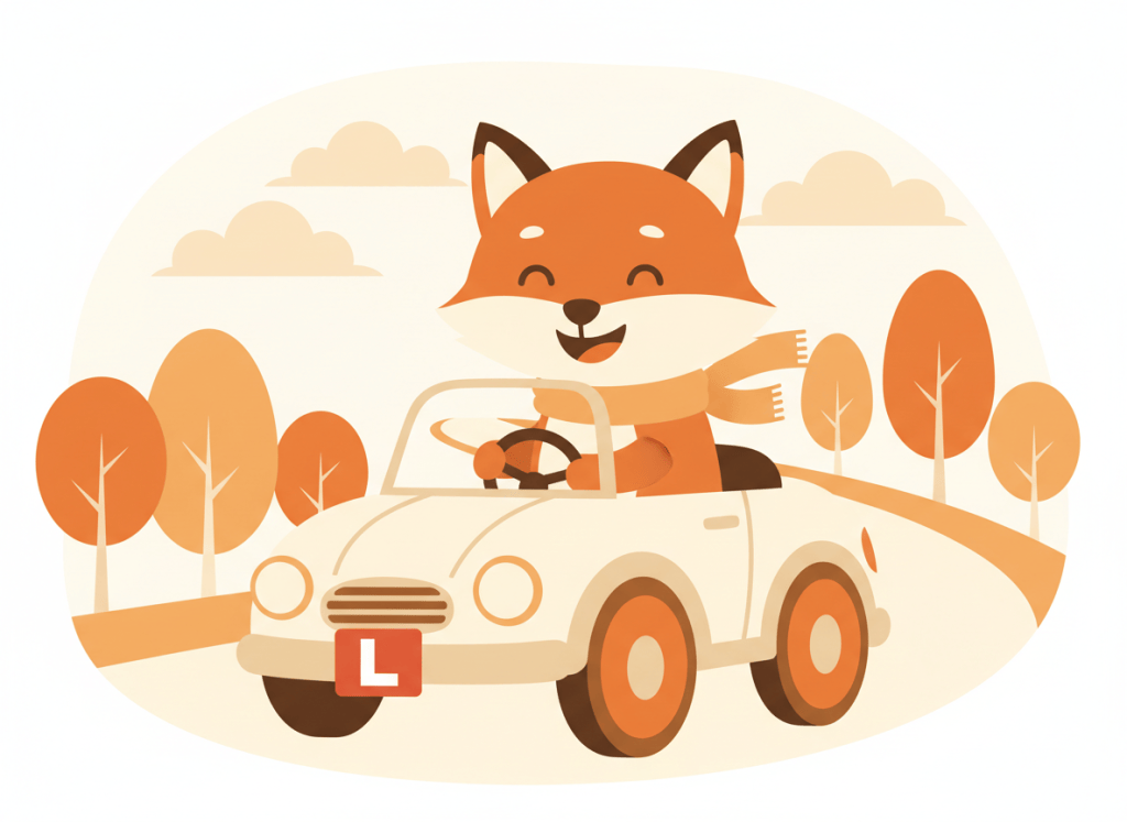 Ilustración de un zorro conduciendo un coche de autoescuela