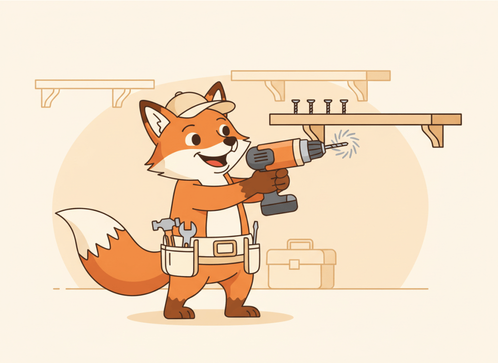 Zorro naranja manitas con un taladro y una estantería de madera para colgar en la pared, ilustración plana
