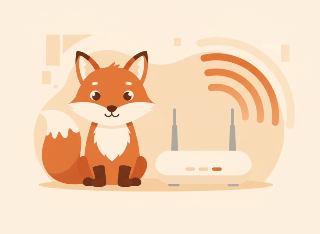 Zorro naranja junto a un router wifi con ondas de conexión