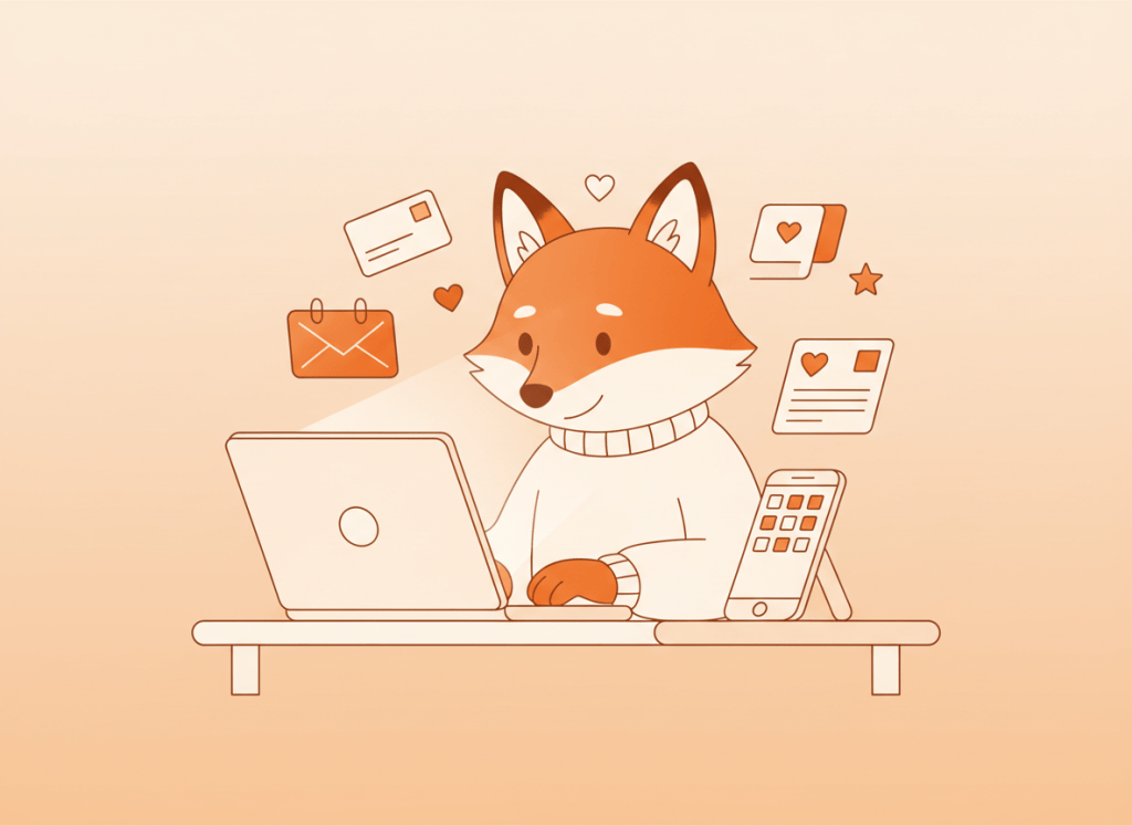 Zorro naranja planificando publicaciones de redes sociales con un calendario en un portátil