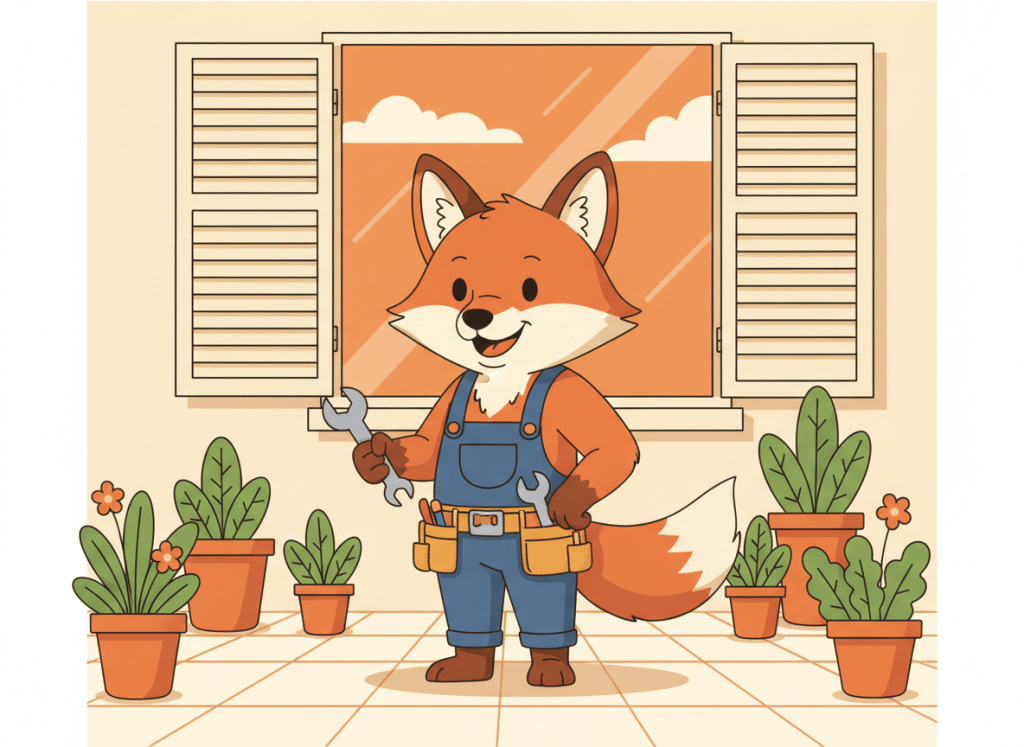 Zorro naranja manitas impermeabilizando el suelo de una terraza soleada con plantas
