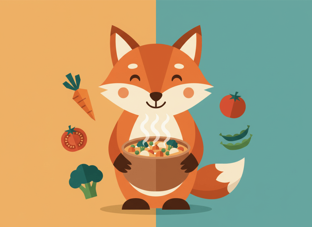 Zorro con un guiso y verduras