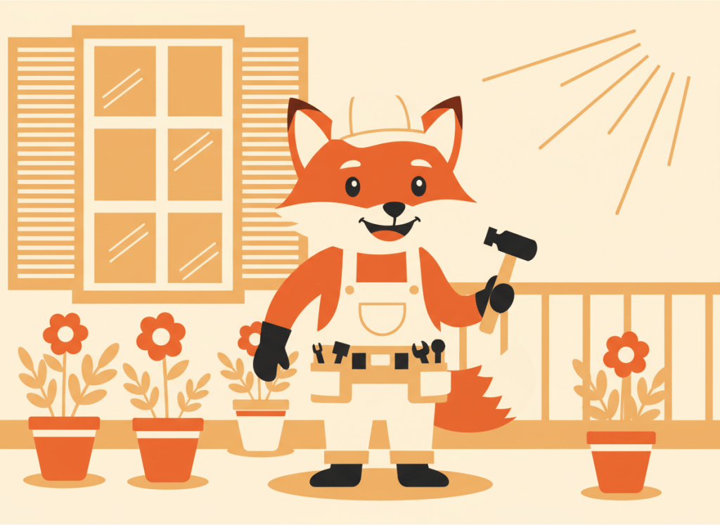 Zorro naranja manitas montando un riego por goteo entre las plantas de una terraza