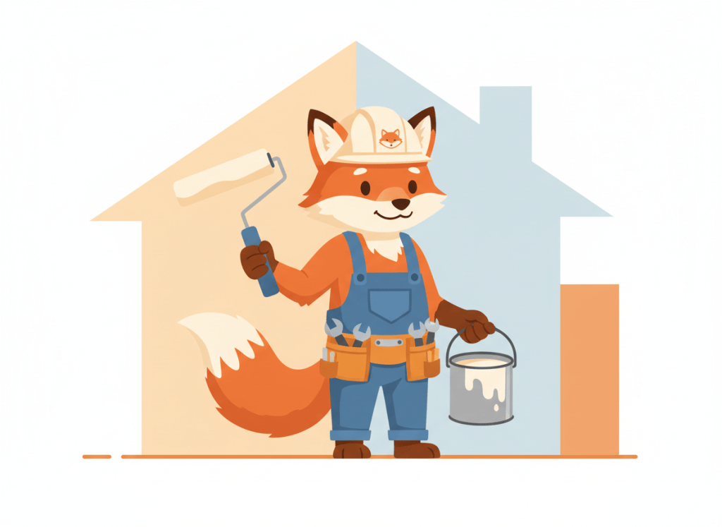 Zorro naranja manitas pintando una habitación con rodillo y bote de pintura