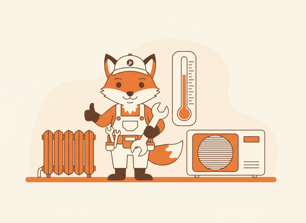 Zorro naranja manitas junto a un radiador y un aire acondicionado con un termómetro