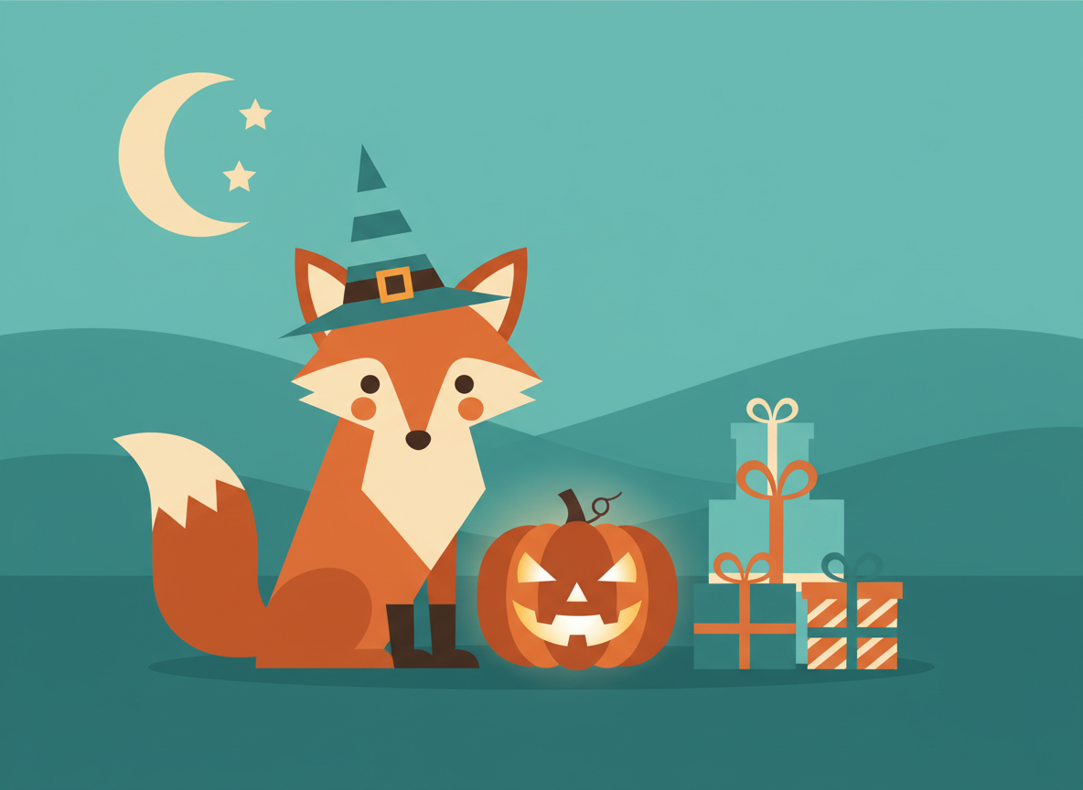 Zorro con sombrero de bruja, calabaza y regalos
