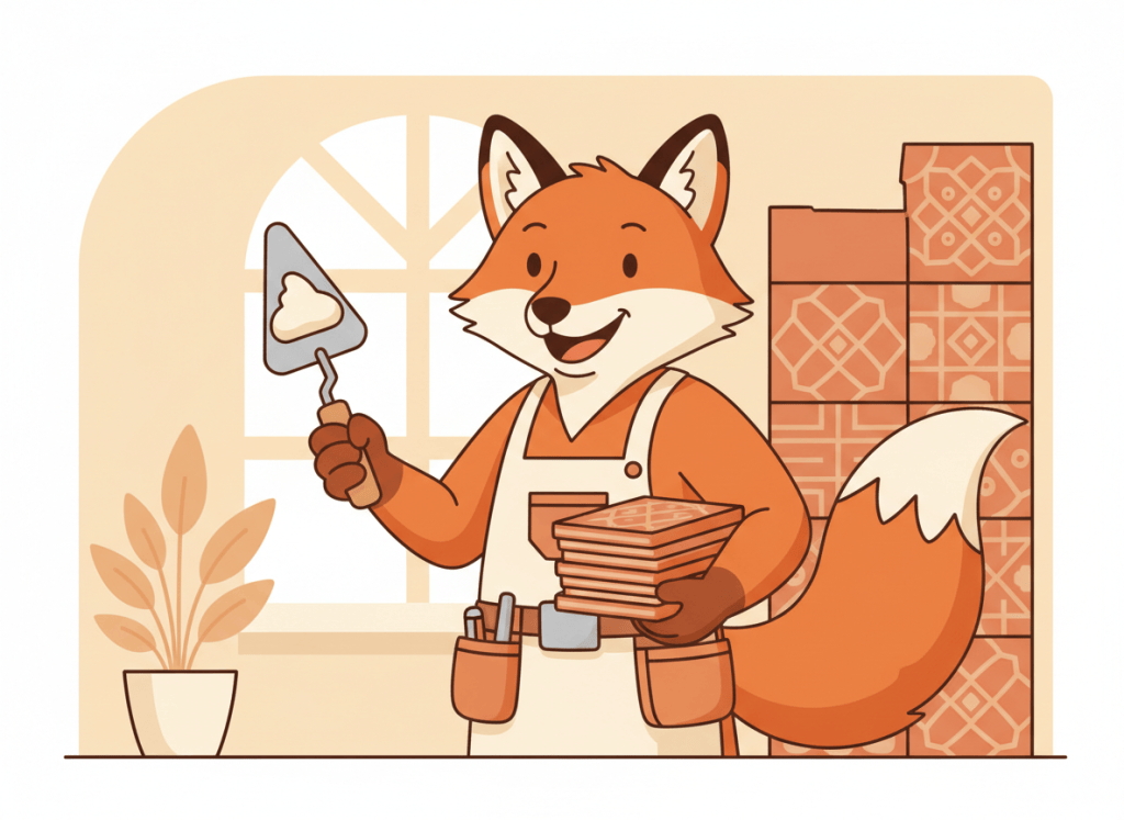 Zorro naranja manitas con azulejos y una llana reparando el suelo