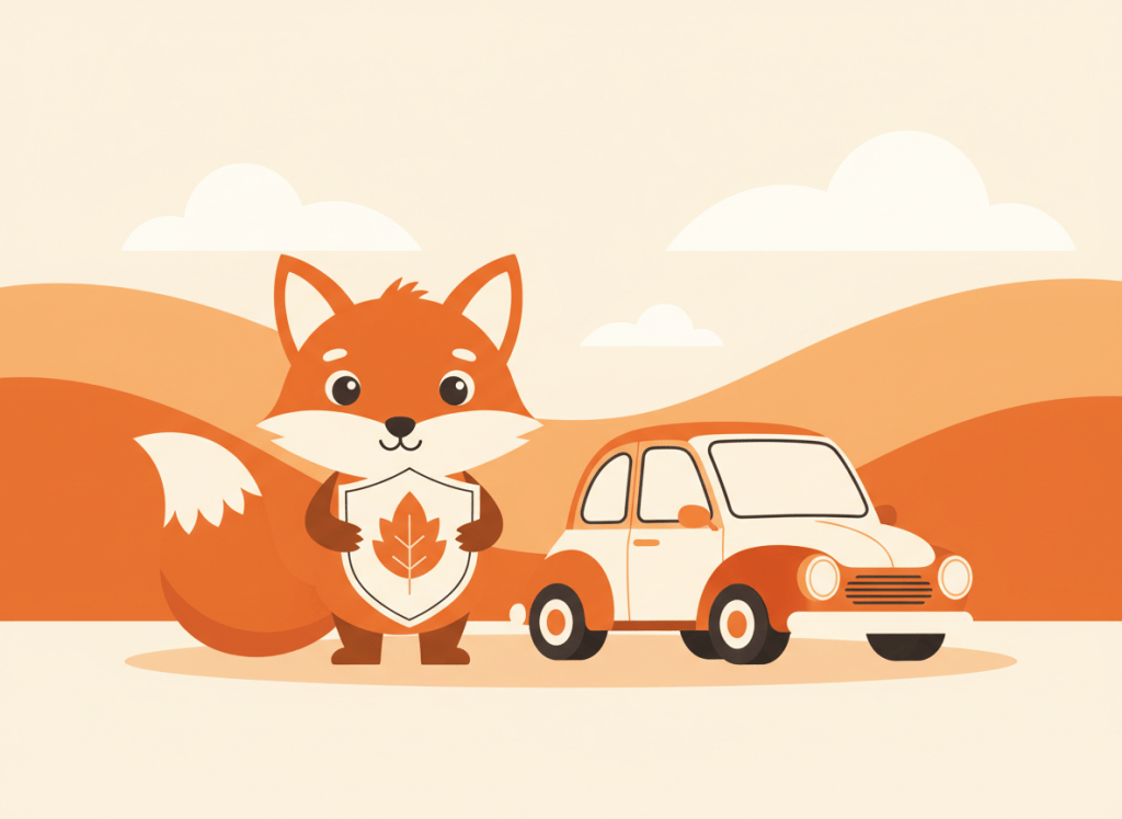 Zorro naranja con un escudo junto a un coche pequeño, ilustración sobre seguros de coche
