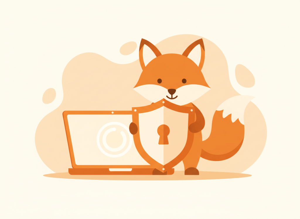 Zorro naranja de dibujo vectorial con un escudo con candado delante de un portátil