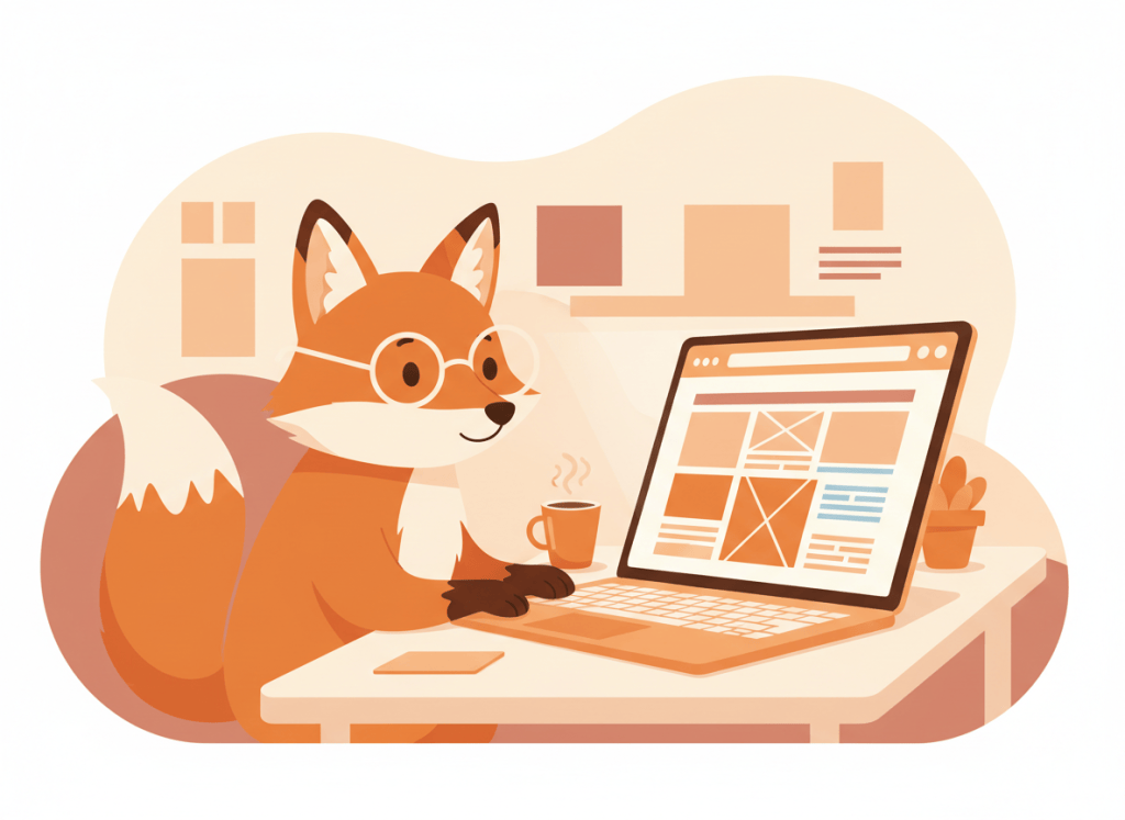 Zorro naranja construyendo una página web en un portátil con una ventana de navegador