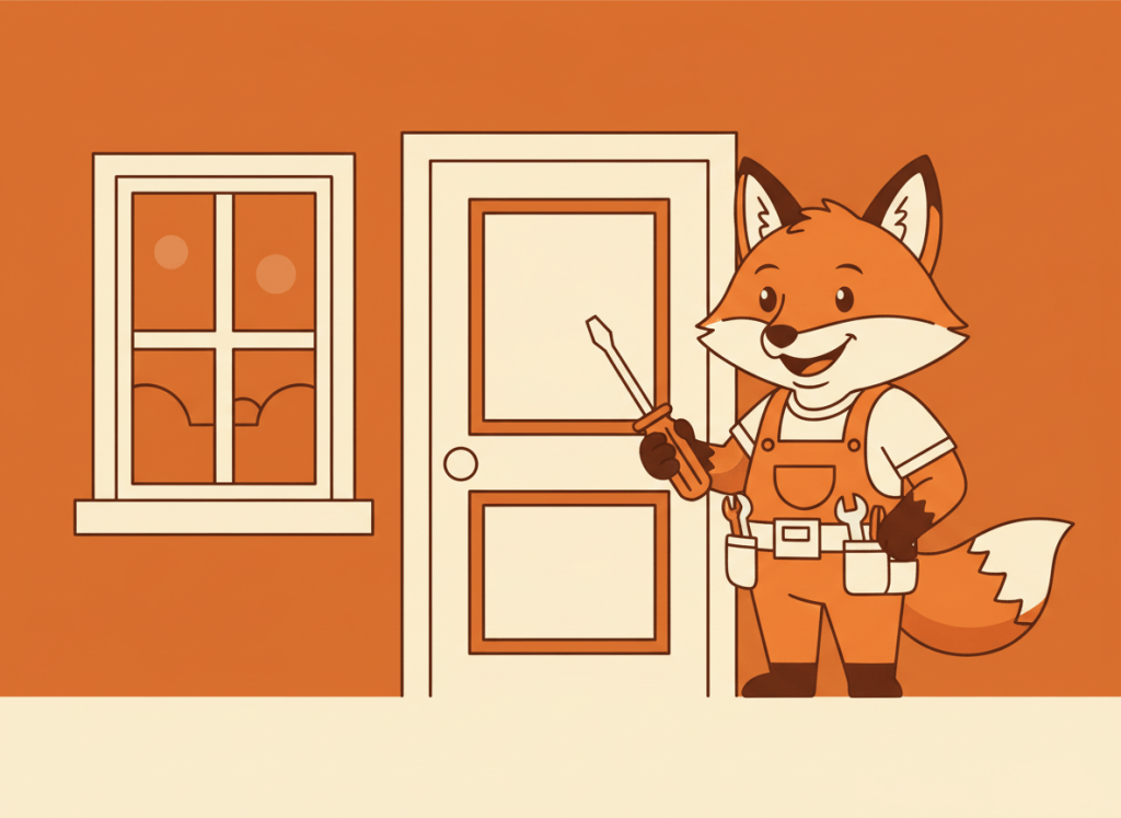 Zorro naranja manitas con un destornillador junto a una puerta y una ventana