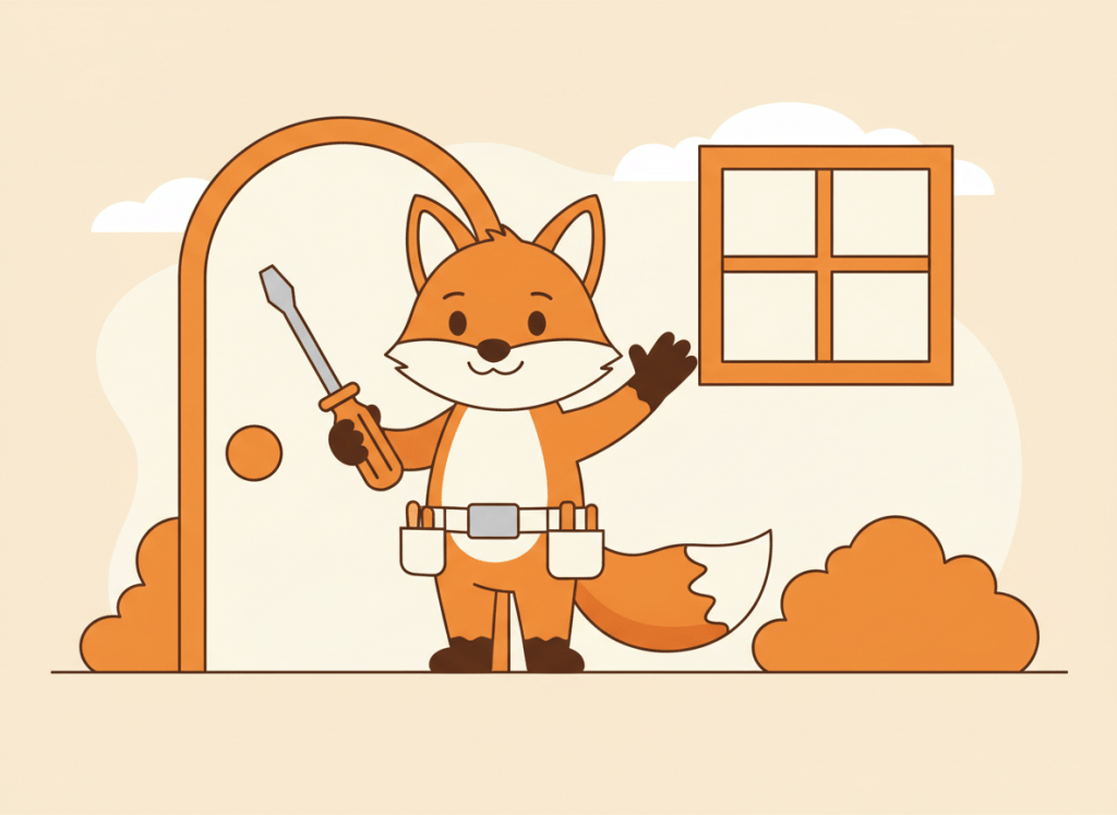 Zorro naranja manitas con un destornillador junto a una puerta y una ventana