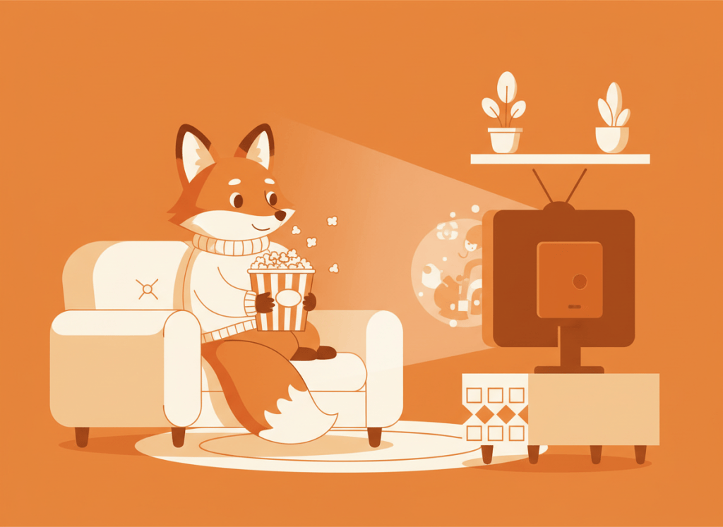 Zorro naranja en un sofá con palomitas viendo la televisión
